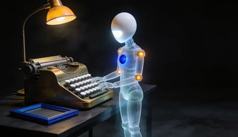 Translucent glass automaton at a brass calculating machine on a glowing studio light table spread with blank sheets, one cobalt proof frame