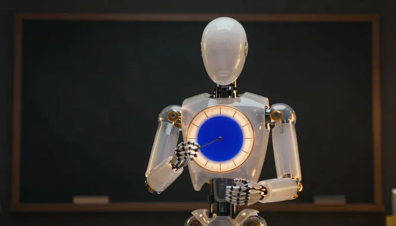 A faceless glass automaton stops a glowing cobalt scoring dial in a dark amber-rimmed space.