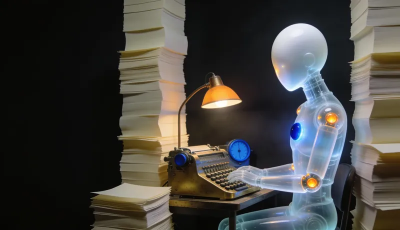 Translucent glass automaton at a brass calculating machine under a desk lamp, plain ledger stacks rising around it like a skyline, one cobalt dial