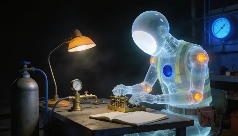 A ghost-glass automaton wearing a hi-vis vest and a leather tool belt, seated at a workshop desk at night with its smooth blank head bowed toward the desk, working a small brass calculating machine, a brass gauge manifold and a plain bare-metal refrigerant cylinder with no label or sticker on the desk beside an open blank ledger, a warm amber desk lamp, one gauge dial glowing cobalt-blue.