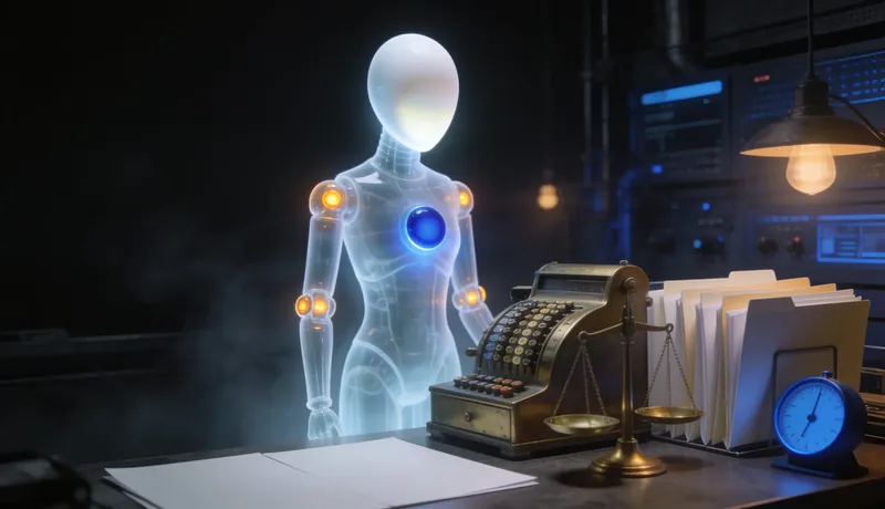Translucent glass automaton at a brass calculating machine beside brass scales and fanned blank folders, one cobalt dial