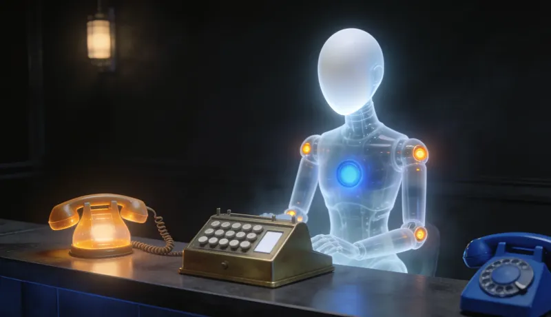 Translucent glass automaton seated at a small brass calculating machine with round keys on a reception desk, an unhooked telephone handset glowing amber beside it, one cobalt counter dial