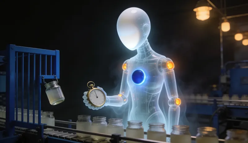 Translucent glass automaton holding a brass stopwatch with a blank face over a conveyor of plain jars, one jar lifted by a cobalt gate