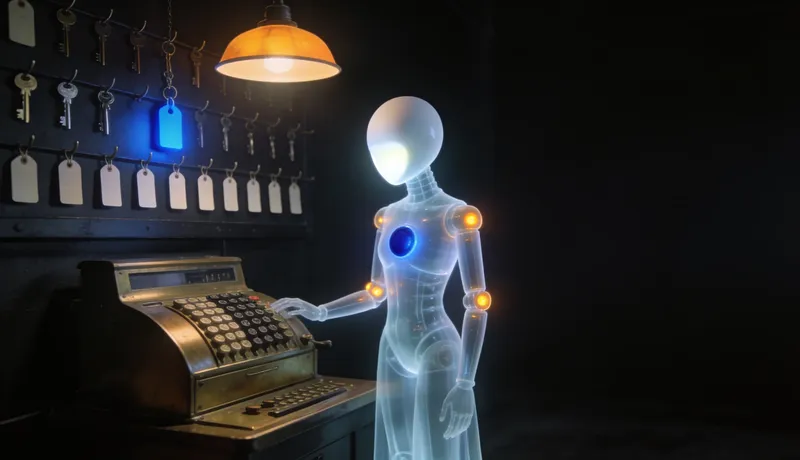 Translucent glass automaton at a brass calculating machine beneath a key wall of keys on blank tags, one tag glowing cobalt