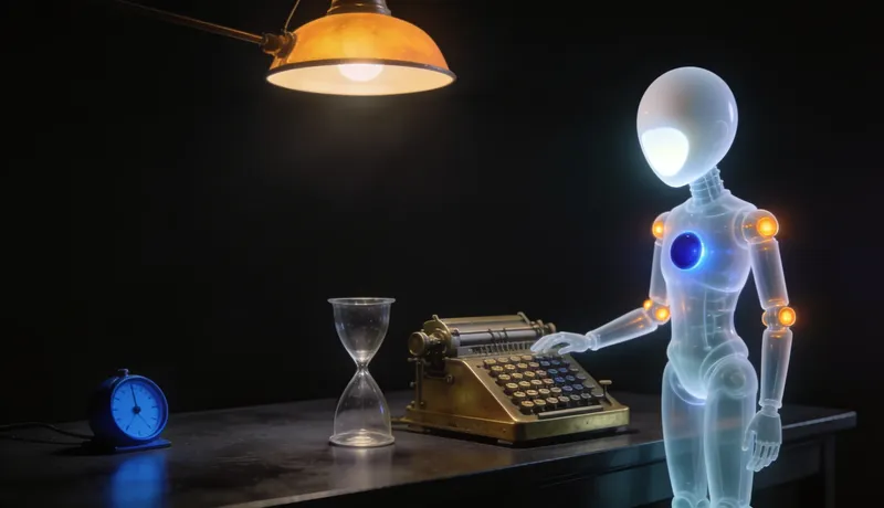 Translucent glass automaton at a brass calculating machine beside an hourglass and a stack of blank-spined binders, one cobalt dial