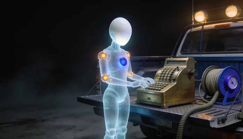 Translucent glass automaton at a brass calculating machine on a tailgate workbench beside a coiled hose reel, one cobalt dial
