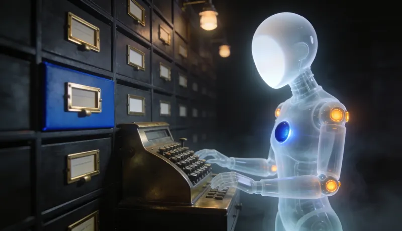 Translucent glass automaton at a brass calculating machine before a wall of index drawers with empty brass label frames, one drawer edged cobalt