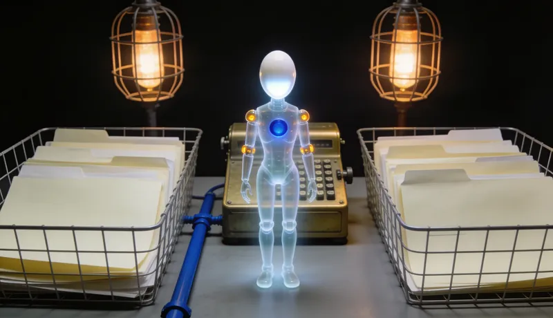 Translucent glass automaton at a brass calculating machine between two identical trays of blank paper on a dispatch desk, one cobalt rail linking them