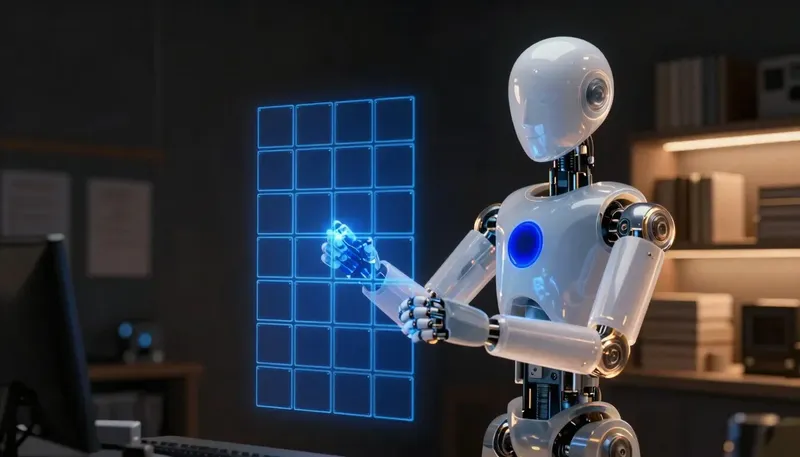 A faceless glass automaton arranges glowing cobalt stack-layer blocks in an amber-lit night workshop.