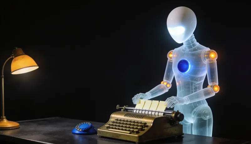 Translucent glass automaton at a brass calculating machine feeding blank white slips into a counting rail, a tank battery through the window, one cobalt dial
