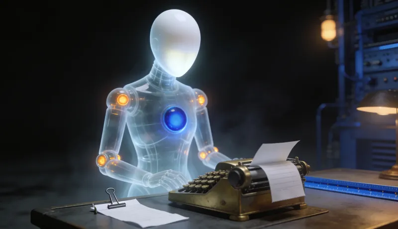 Translucent glass automaton at a brass calculating machine on a plan table, blank white slips impaled on a bill spike, one cobalt level line