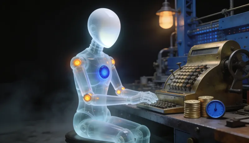 Translucent glass automaton seated at a brass calculating machine on a machine-shop bench, stacks of plain brass tokens beside it, one cobalt dial