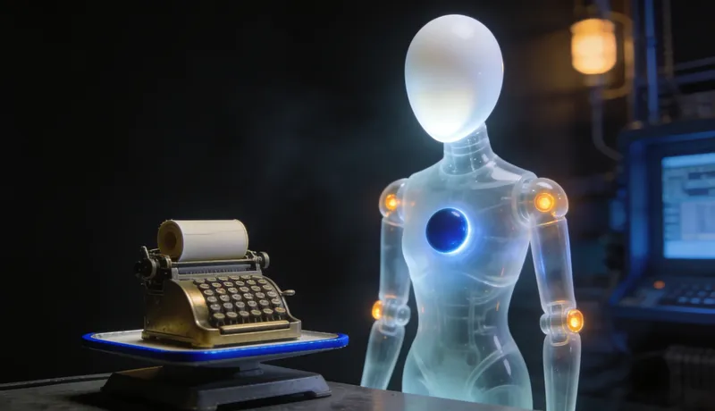 Translucent glass automaton at a brass calculating machine beside a miniature plain roll-off container resting on a scale, the scale edge cobalt