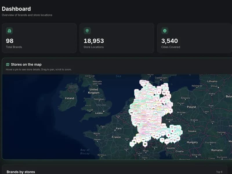 BrandLocator admin dashboard with brand, store and city totals above a map of store pins.
