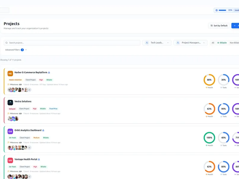 PeopleMuster projects list in a demo workspace with status, priority, billable flags and health scores per project.