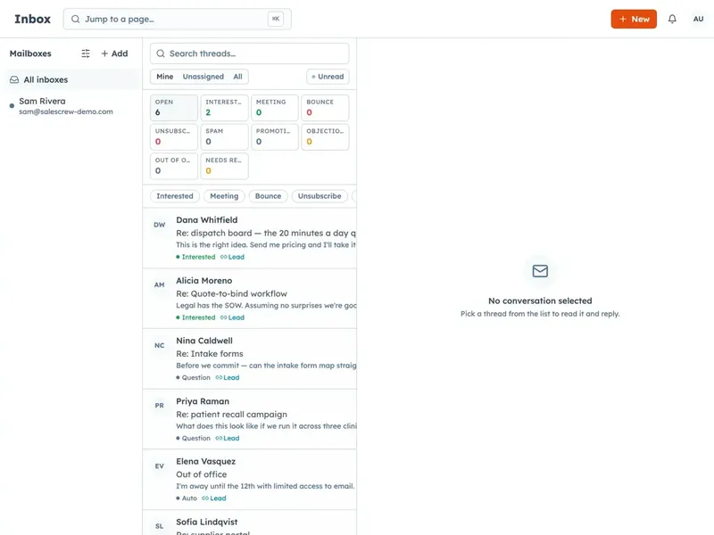 CRM inbox screen with a mailbox list, reply category counts, and threads labeled Interested, Question or Auto.