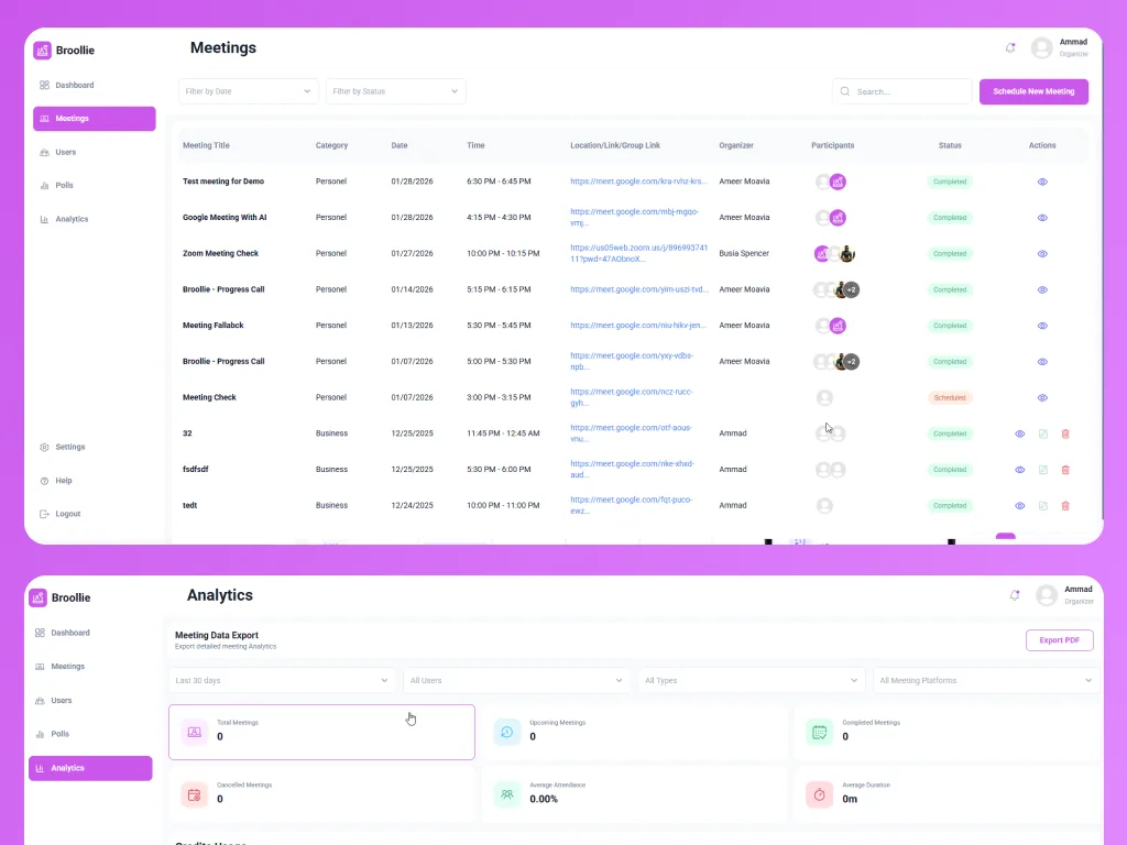 Broollie meetings list and analytics export dashboard