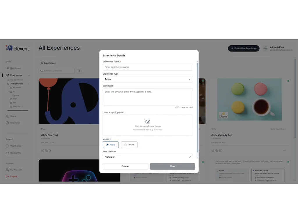 Elevent create-experience dialog with type, cover image, and visibility