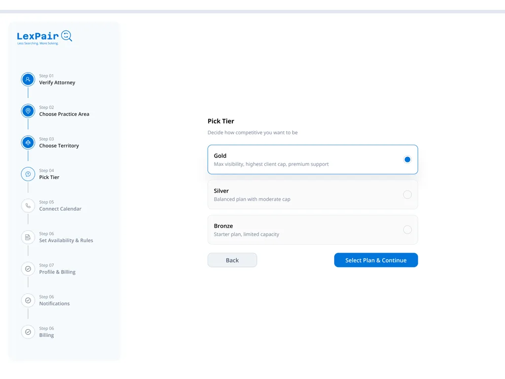 Lexpair attorney onboarding — tier selection step