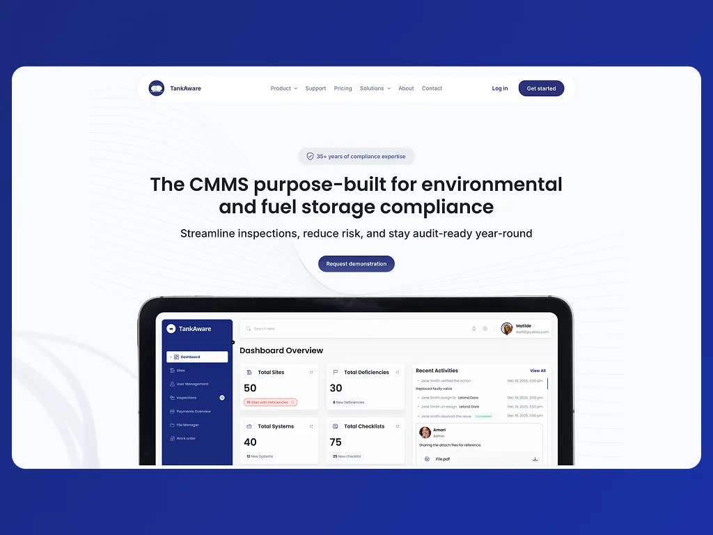 TankAware marketing homepage for environmental and fuel storage compliance