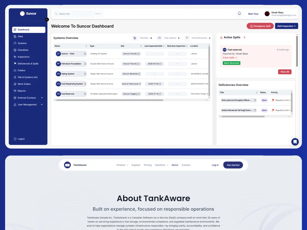 TankAware site dashboard tracking systems, deficiencies and active spills